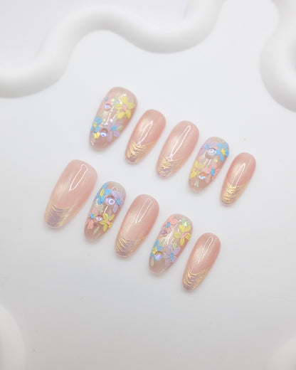 Long Almond Pink Base & Colorful Flower Press On Nails