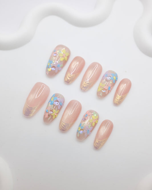 Long Almond Pink Base & Colorful Flower Press On Nails