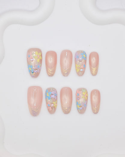 Long Almond Pink Base & Colorful Flower Press On Nails