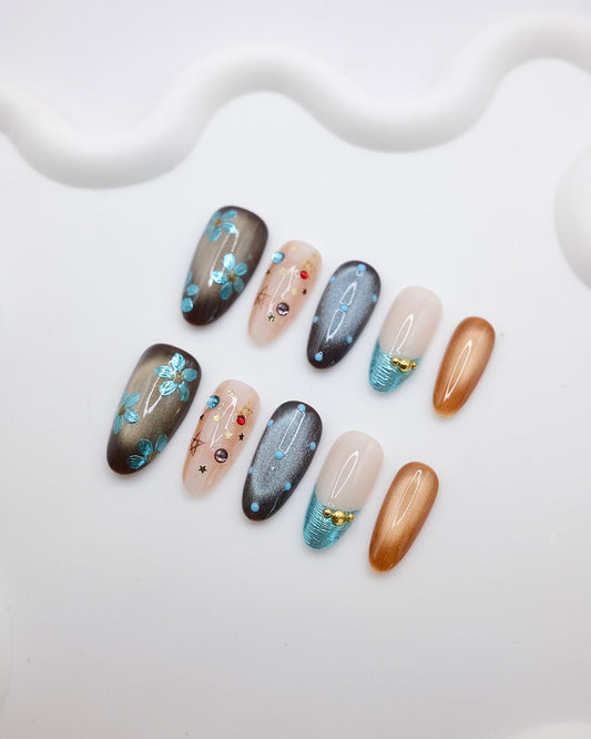 Long Oval Blue Flower & Diamond Press On Nails