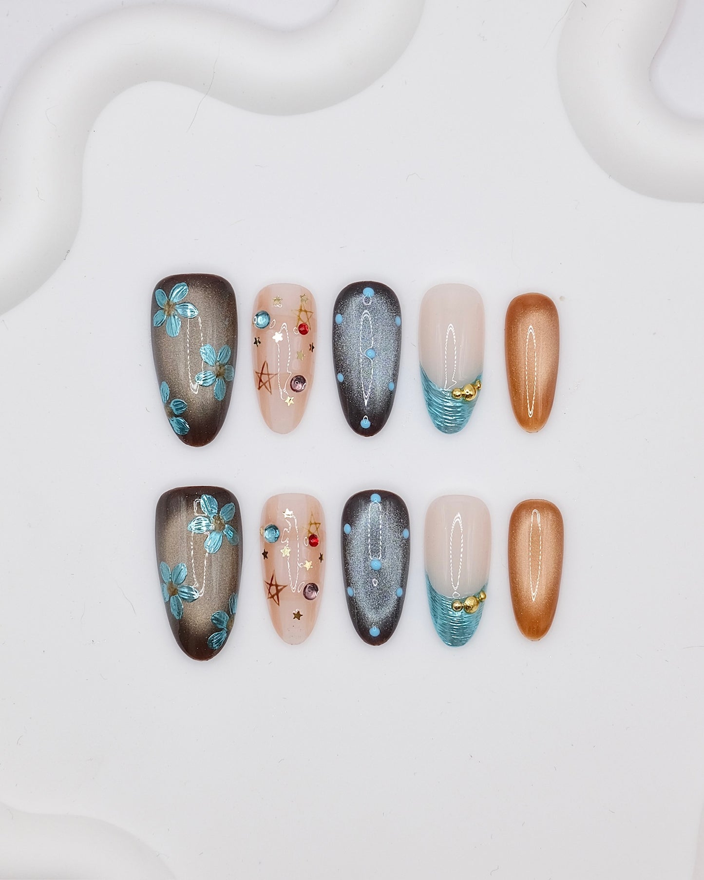 Long Oval Blue Flower & Diamond Press On Nails