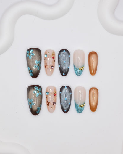 Long Oval Blue Flower & Diamond Press On Nails