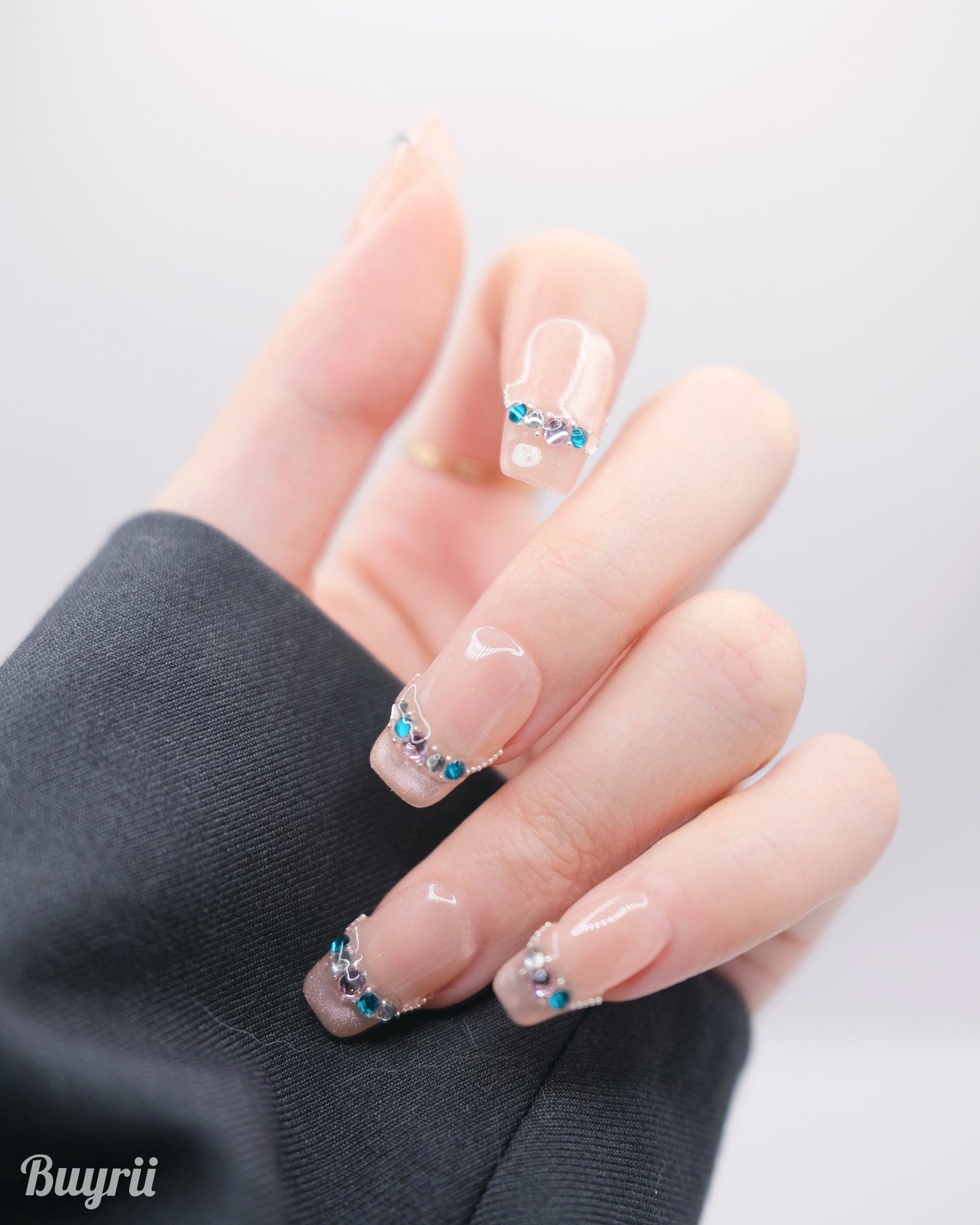 Mid-Long Coffin Pink Cateye With Jade French Manicure Press On Nails