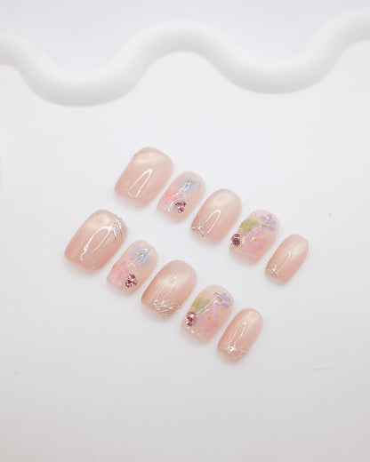 Short Coffin Dreamy Pink Cateye Diamond Press On Nails
