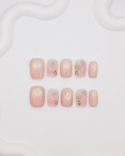 Short Coffin Dreamy Pink Cateye Diamond Press On Nails