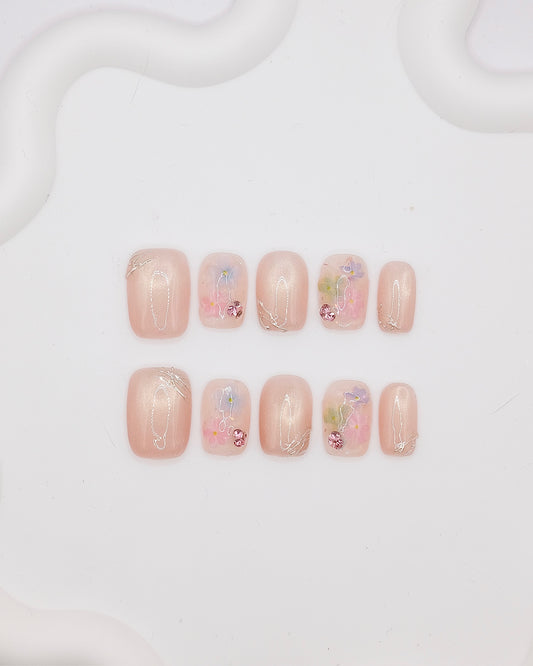 Short Coffin Dreamy Pink Cateye Diamond Press On Nails