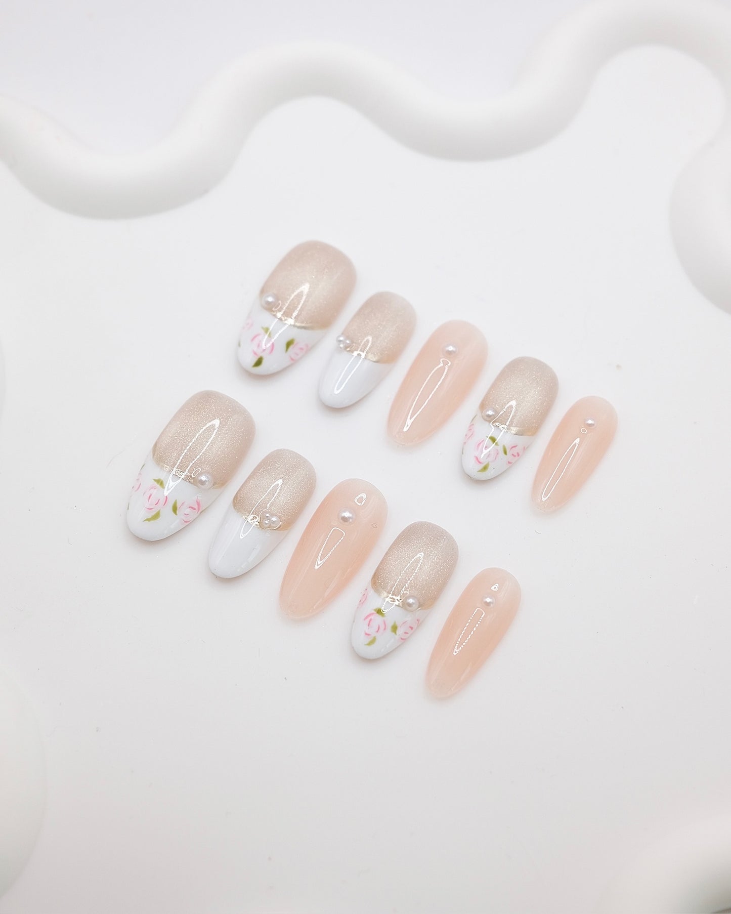 Long Almond Nude & Pink French Manicure With Diamond Press On Nails