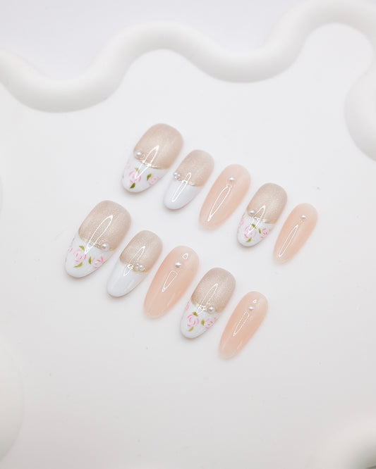 Long Almond Nude & Pink French Manicure With Diamond Press On Nails