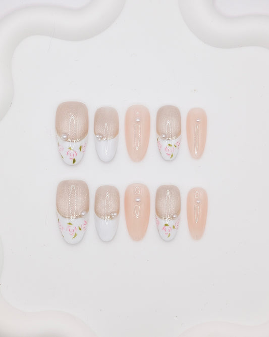 Long Almond Nude & Pink French Manicure With Diamond Press On Nails