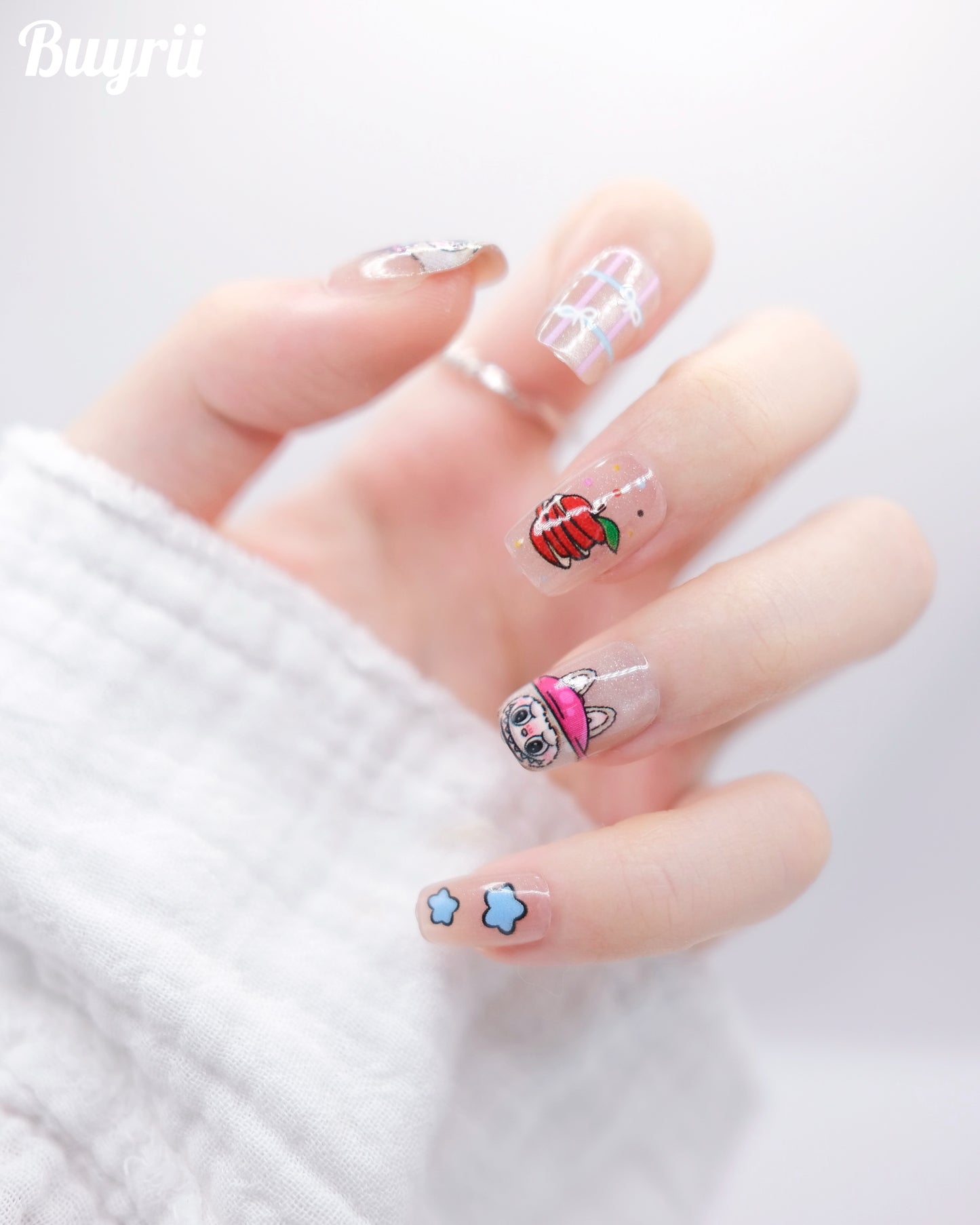 Short Coffin Pink Colorful LABUBU Press On Nails