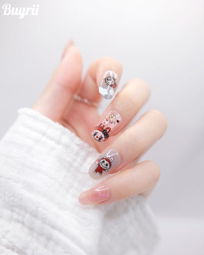 Short Oval Pink & Grey Cute LABUBU Press On Nails