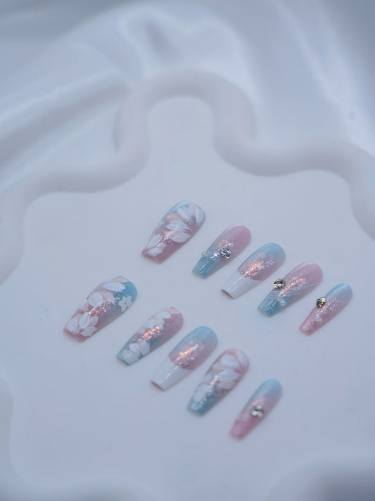 Long Coffin Cateye Hand-painted Flower & Super Shiny Diamond Press On Nails