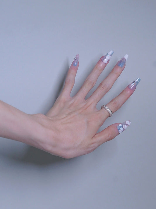 Long Coffin Cateye Hand-painted Flower & Super Shiny Diamond Press On Nails