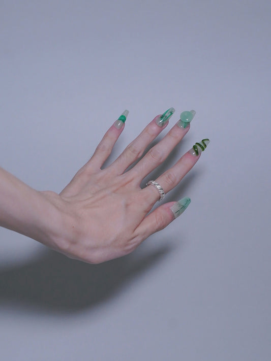 Long Coffin Green Bamboo & Jade Accessories Press On Nails