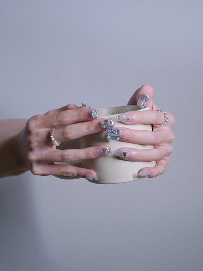 Mid-Long Coffin White Shine On Crazy Diamond Press On Nails