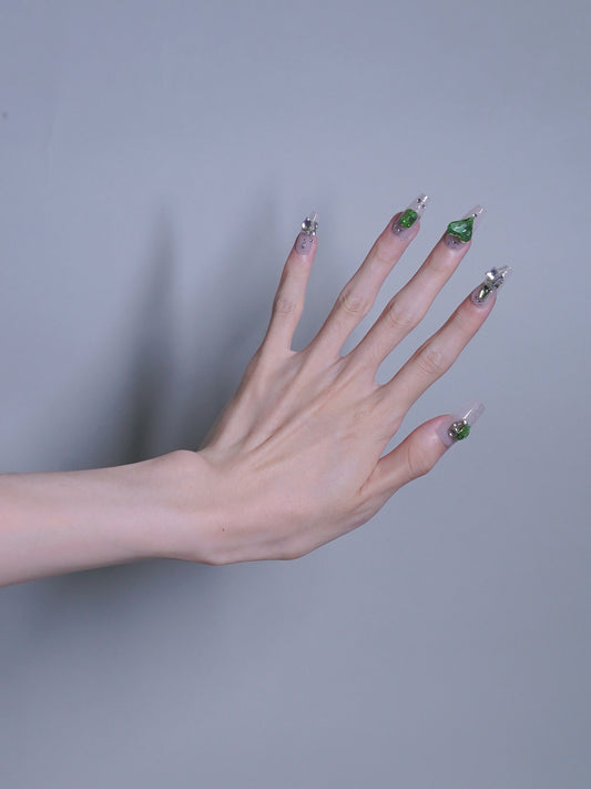 Long Coffin White & Green Jade Love Heart Gem Press On Nails