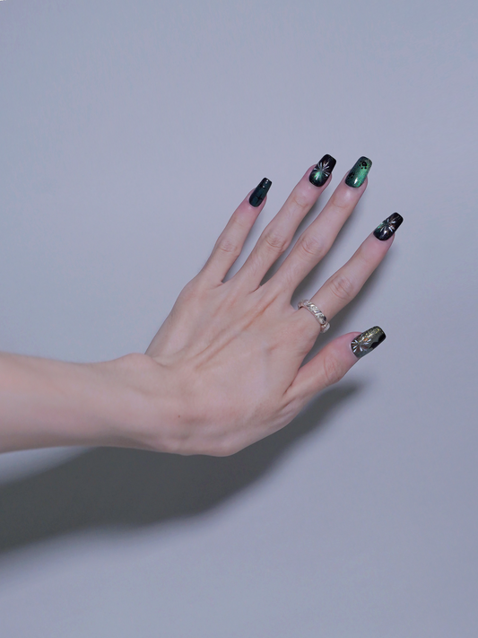 Mid-Long Coffin Cateye Shiny Fireworks & Black Kitty Press On Nails