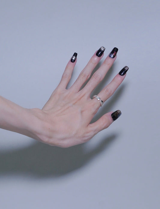 Mid-Long Coffin Cateye Shiny Black Cute Kitty Press On Nails