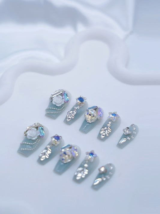 Long Coffin Blue Crazy Diamond & Flower Press On Nails