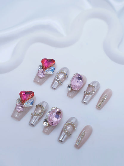 Long Coffin Love Heart & Pink Diamond Press On Nails