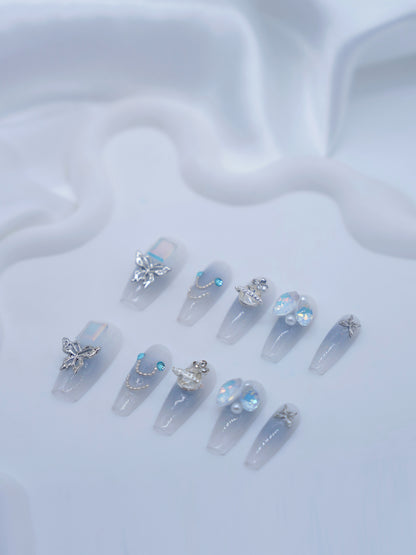 Long Coffin Shiny Blue Crystal Butterfly Press On Nails