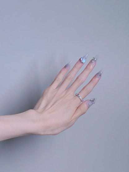 Long Coffin Shiny Blue Crystal Butterfly Press On Nails