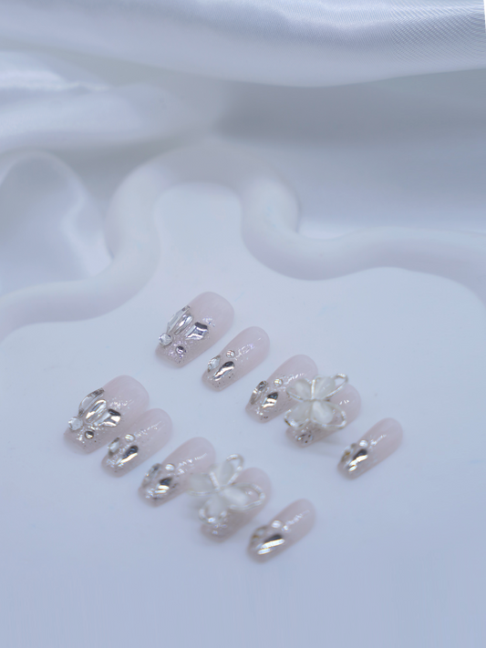 Mid-Long Coffin Cateye Diamond & Butter "fly" Press On Nails