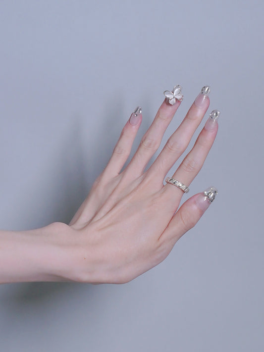 Mid-Long Coffin Cateye Diamond & Butter "fly" Press On Nails