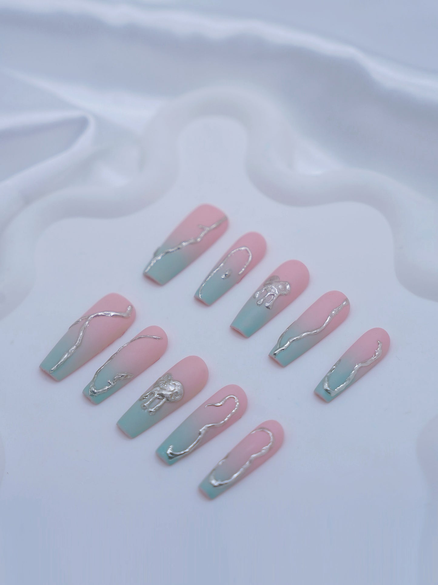 Extra Long Coffin Pink & Mint Matte Embossed Heart Bleeding Press On Nails