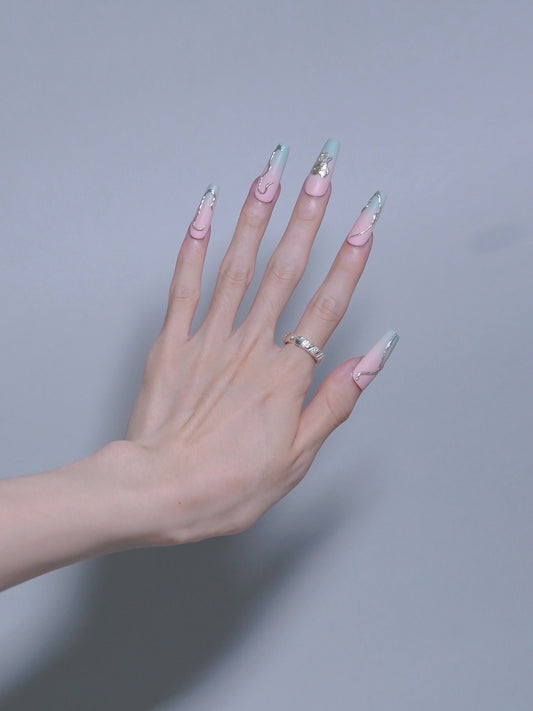 Extra Long Coffin Pink & Mint Matte Embossed Heart Bleeding Press On Nails