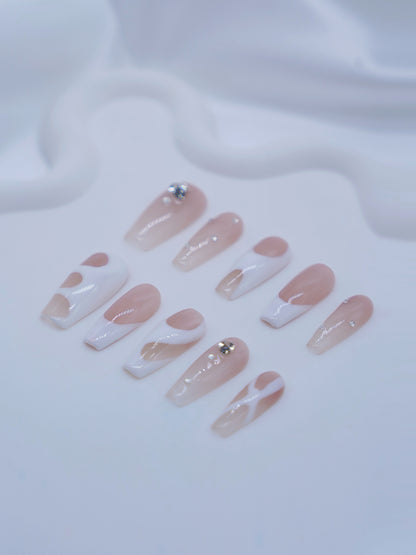 Long Coffin Peach Mousse Diamond & Ivory Press On Nails