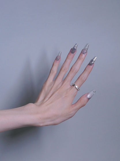 Long Coffin Silver Buccellati Press On Nails