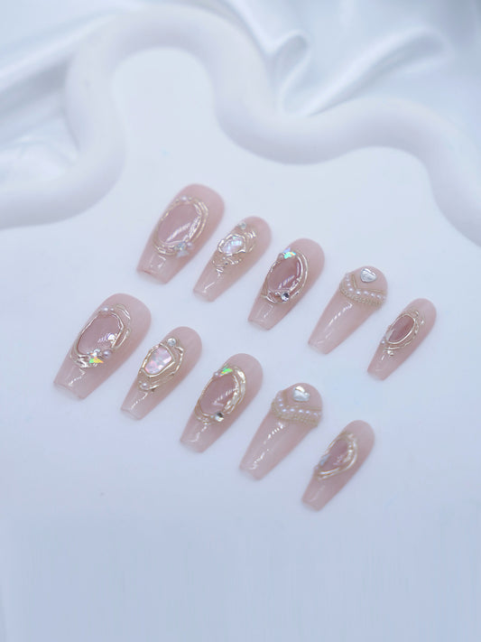 Long Coffin Pink Pearl & Diamond Press On Nails