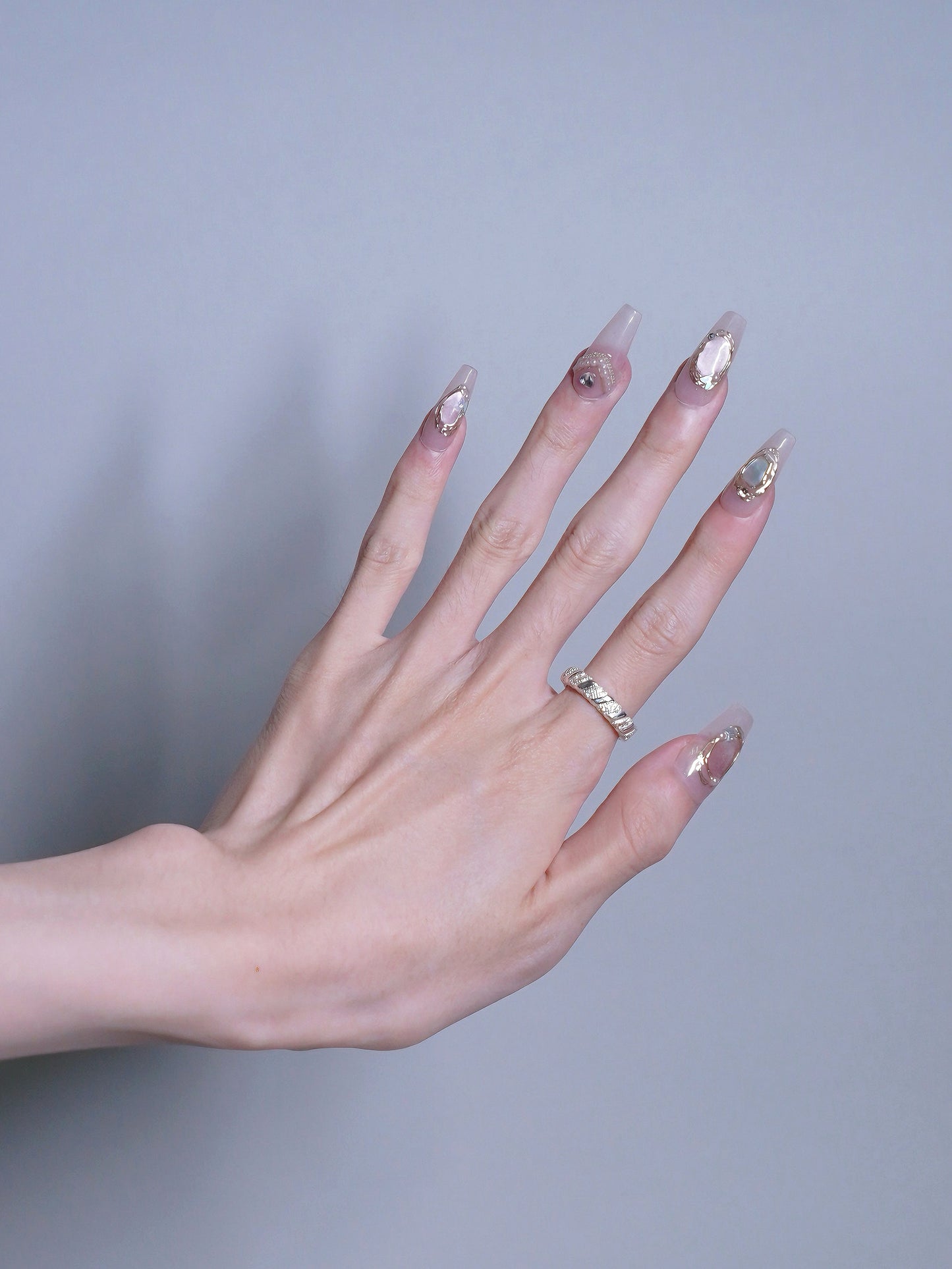 Long Coffin Pink Pearl & Diamond Press On Nails