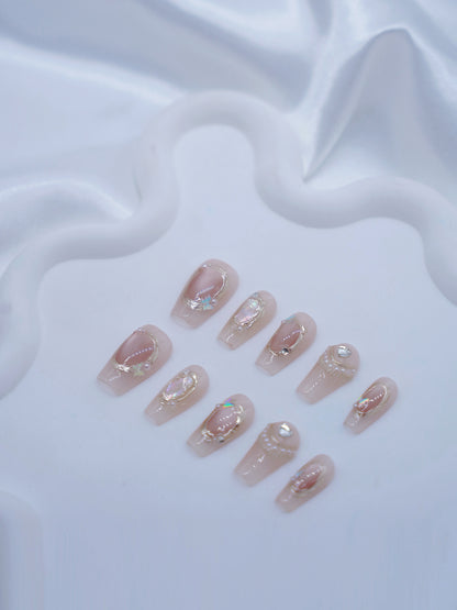 Mid-Long Coffin Cateye Pink Mirror Diamond Press On Nails