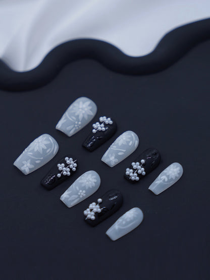 Mid-Long Coffin Matte 3D Accessories Blue Chinese Eclipse Blossoms Press On Nails