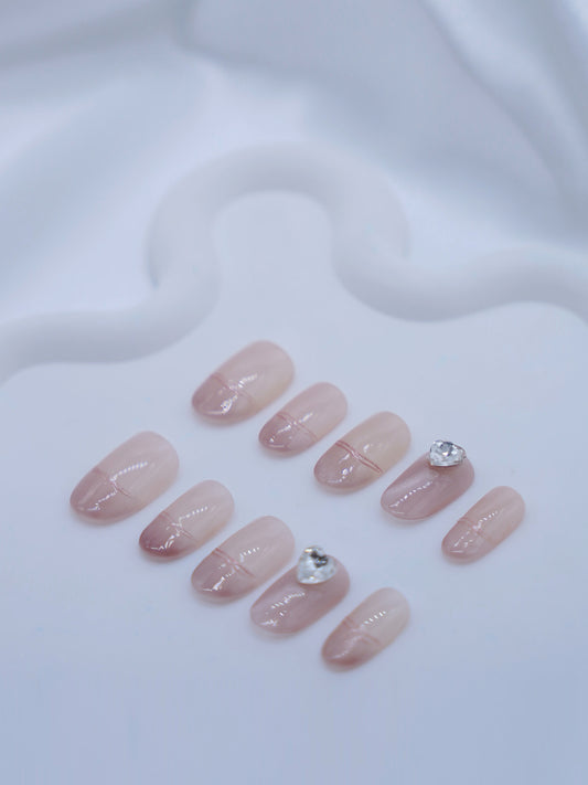 Short Oval Pink & Love Heart Diamond Press On Nails