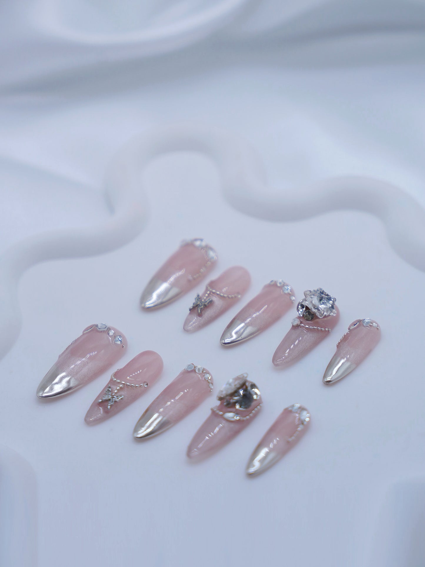 Long Almond Pink Butterfly Fairy Diamond Press On Nails