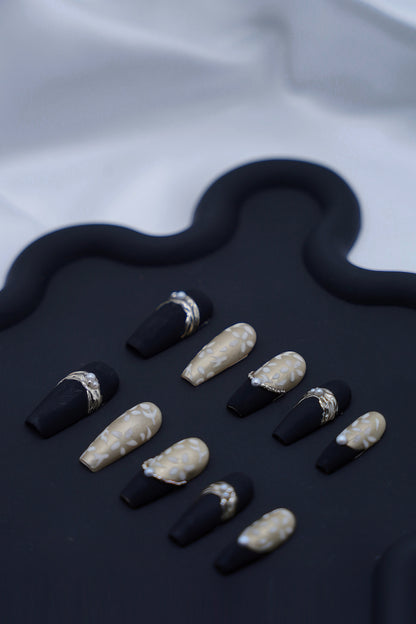 Long Coffin Matte Black & Gold Embossed Pearl Chinese Blossoms Press On Nails