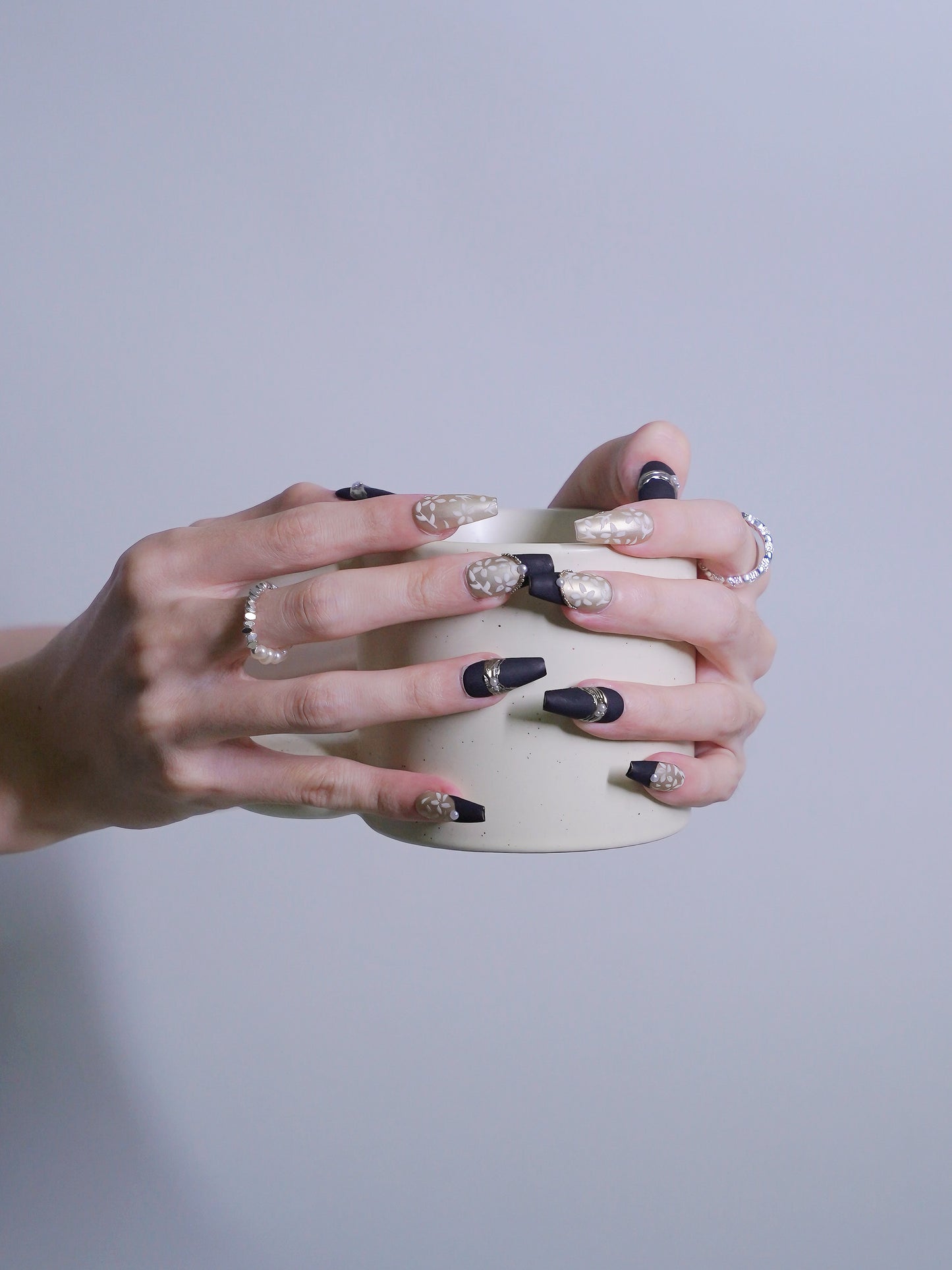 Long Coffin Matte Black & Gold Embossed Pearl Chinese Blossoms Press On Nails