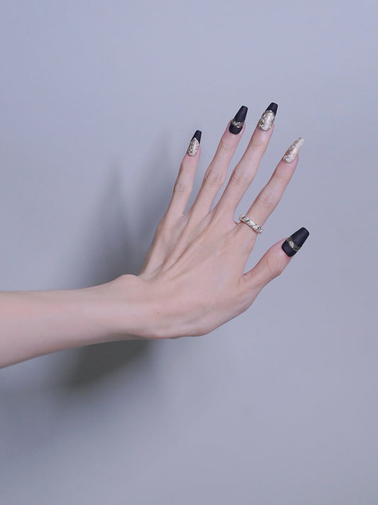 Long Coffin Matte Black & Gold Embossed Pearl Chinese Blossoms Press On Nails