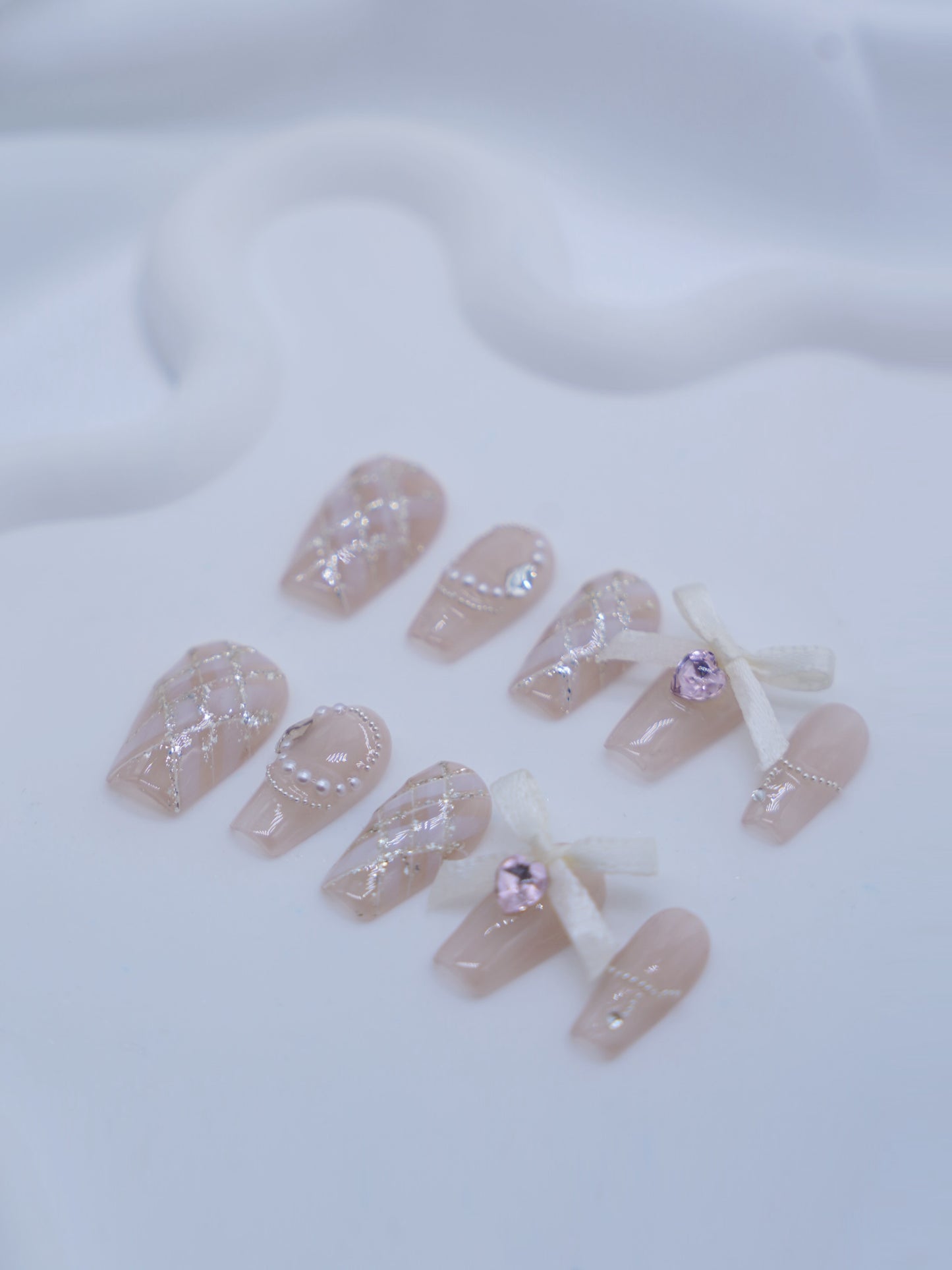 Mid-Long Coffin Pink & White Princess Pearl Press On Nails