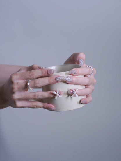 Mid-Long Coffin Pink & White Princess Pearl Press On Nails