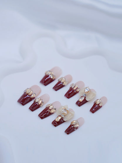 Long Coffin Red Wine & Pink Diamond Press On Nails