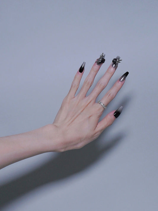 Long Coffin Gradient Black 3D Butterfly & Diamond Press On Nails