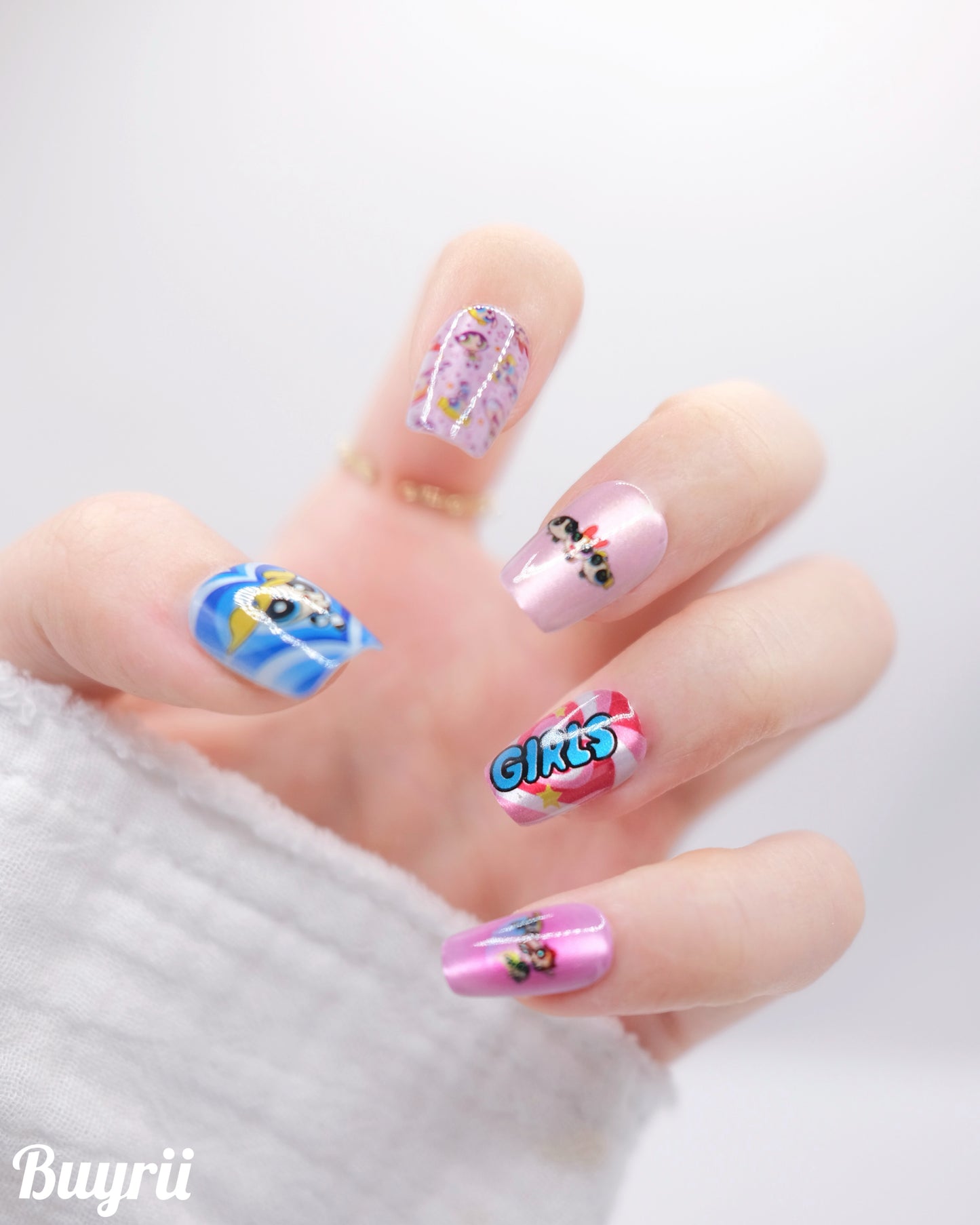 Short Coffin Colorful The Powerpuff Girls Press On Nails