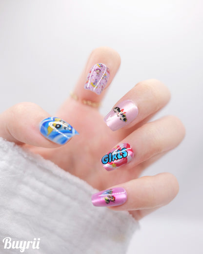 Short Coffin Colorful The Powerpuff Girls Press On Nails