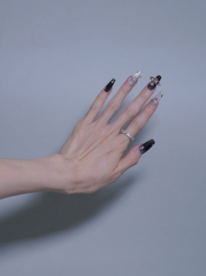 Long Coffin Shiny Silver & Black Punk Accessories with Diamond Press On Nails