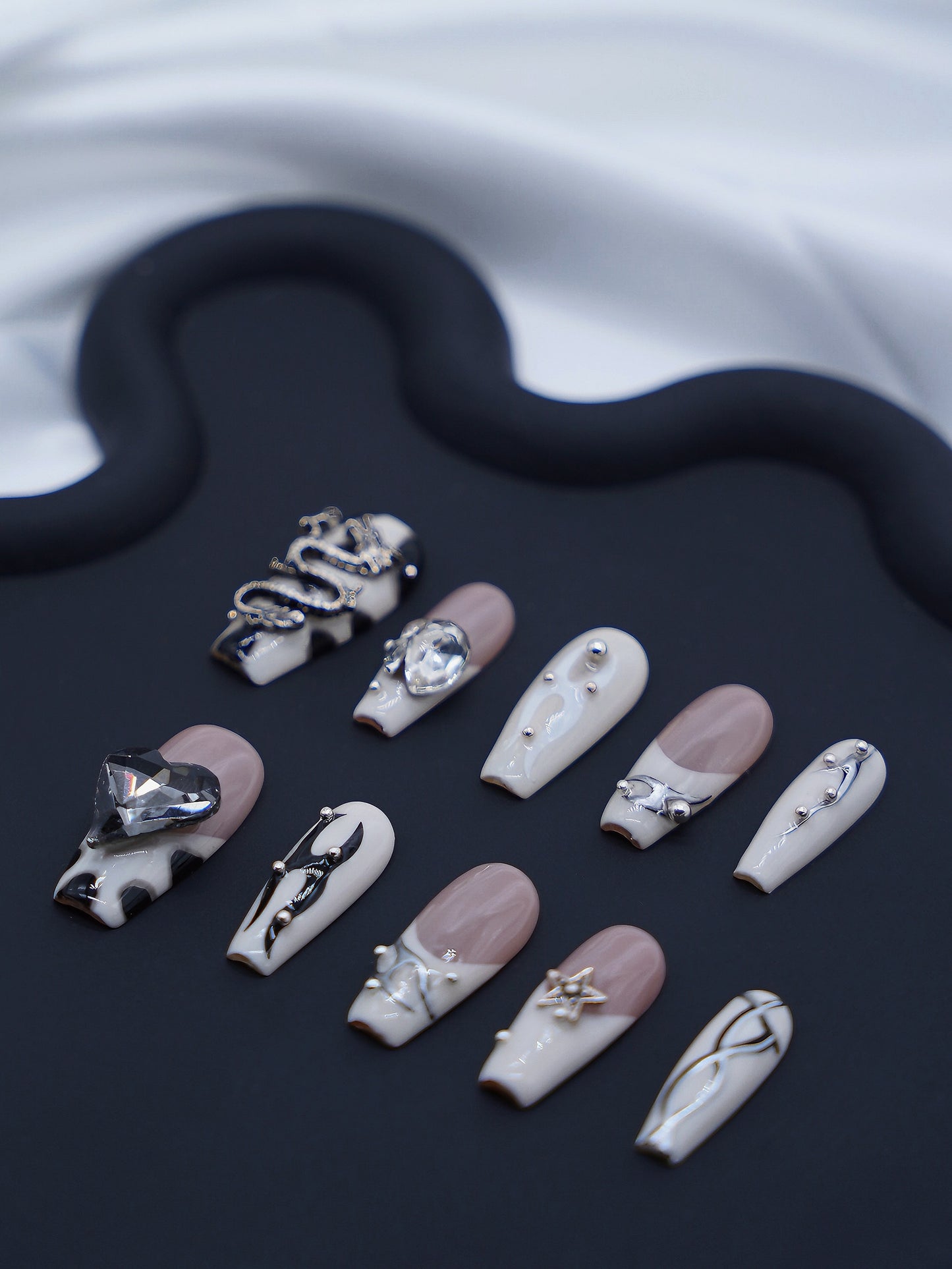 Long Coffin Pink & White Dragon With Diamond Press On Nails