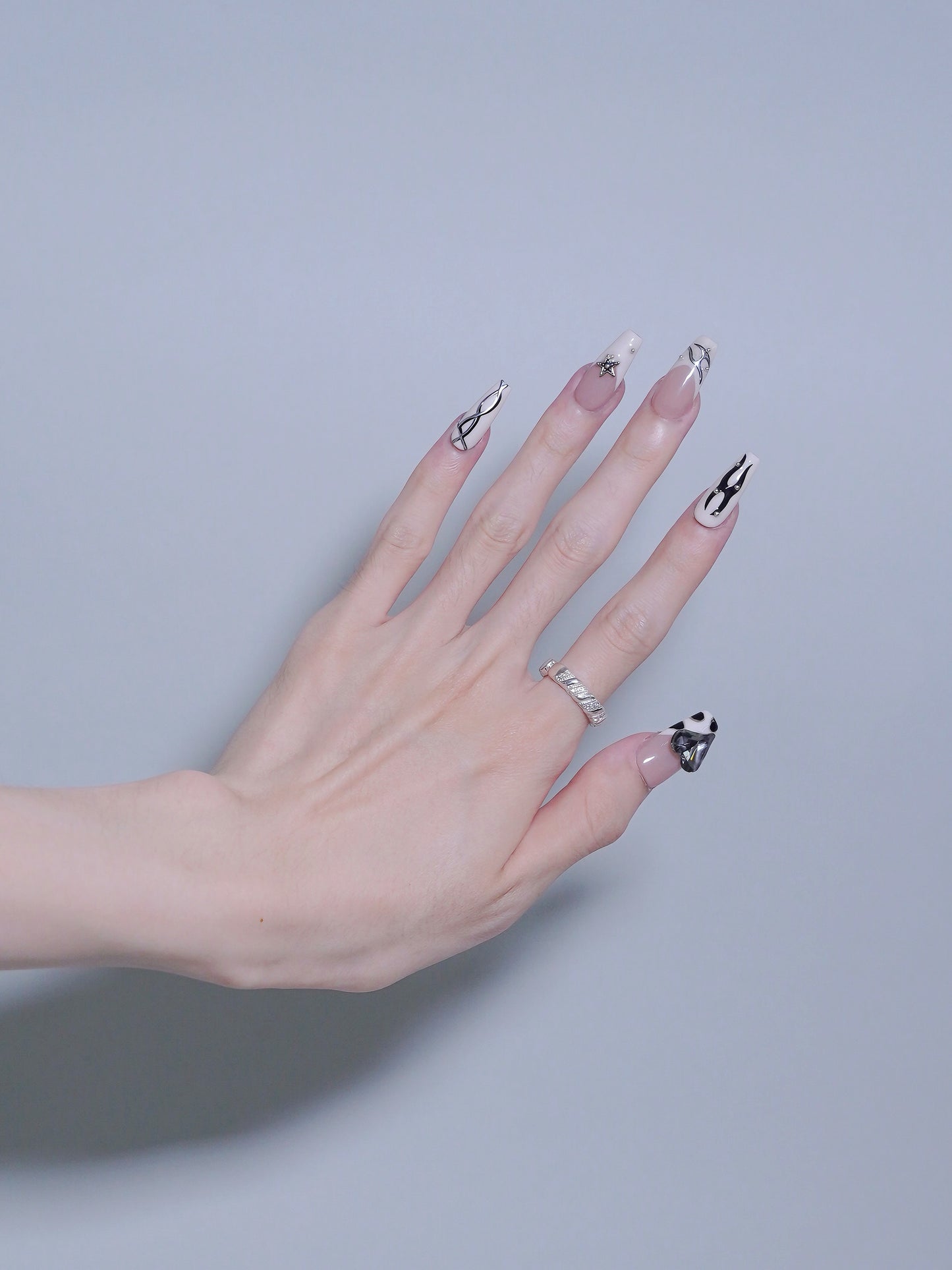 Long Coffin Pink & White Dragon With Diamond Press On Nails